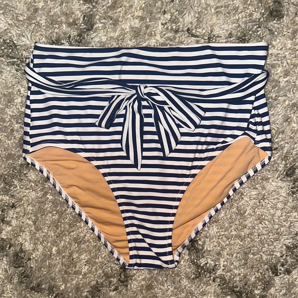 J. Crew Factory Navy and White Striped High-Waist Bikini Bottoms